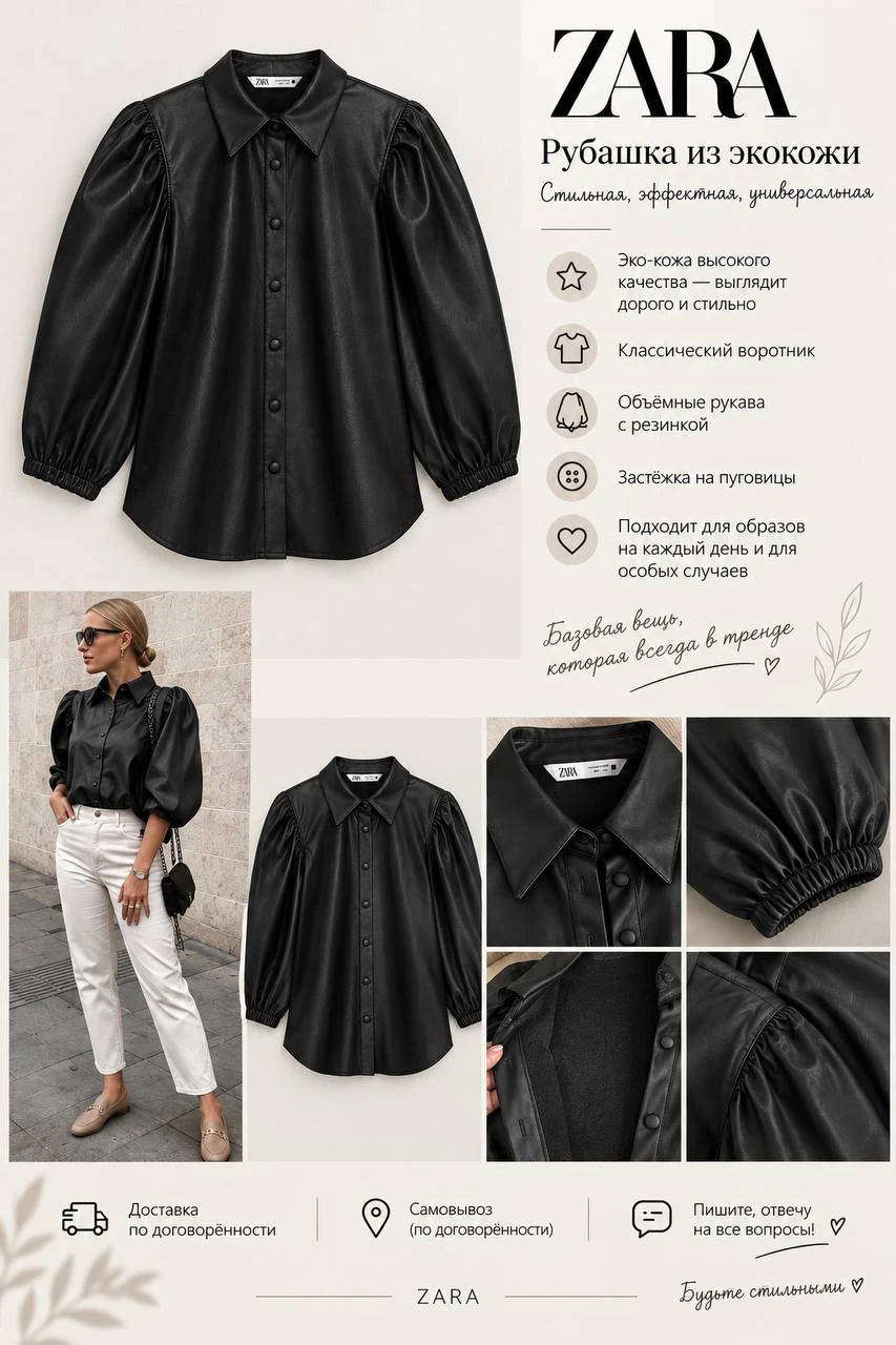 Zara Рубашка из экокожи, M/L — 3